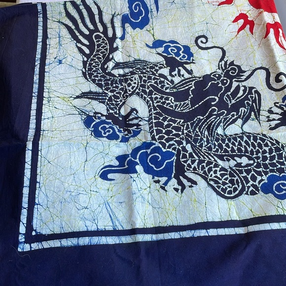 Indonesian Batik fabric, dark indigo blue/black contrast, red sun/flower motif - Picture 2 of 5